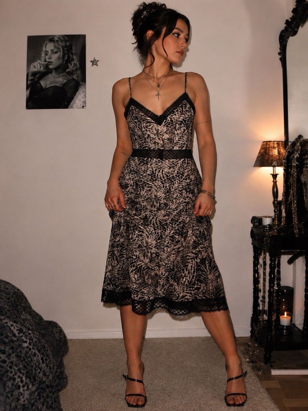 Sho Tadashi Shoji Y2K Style Lace Trim Slip Midi Dress Black Nude Homecoming Hoco